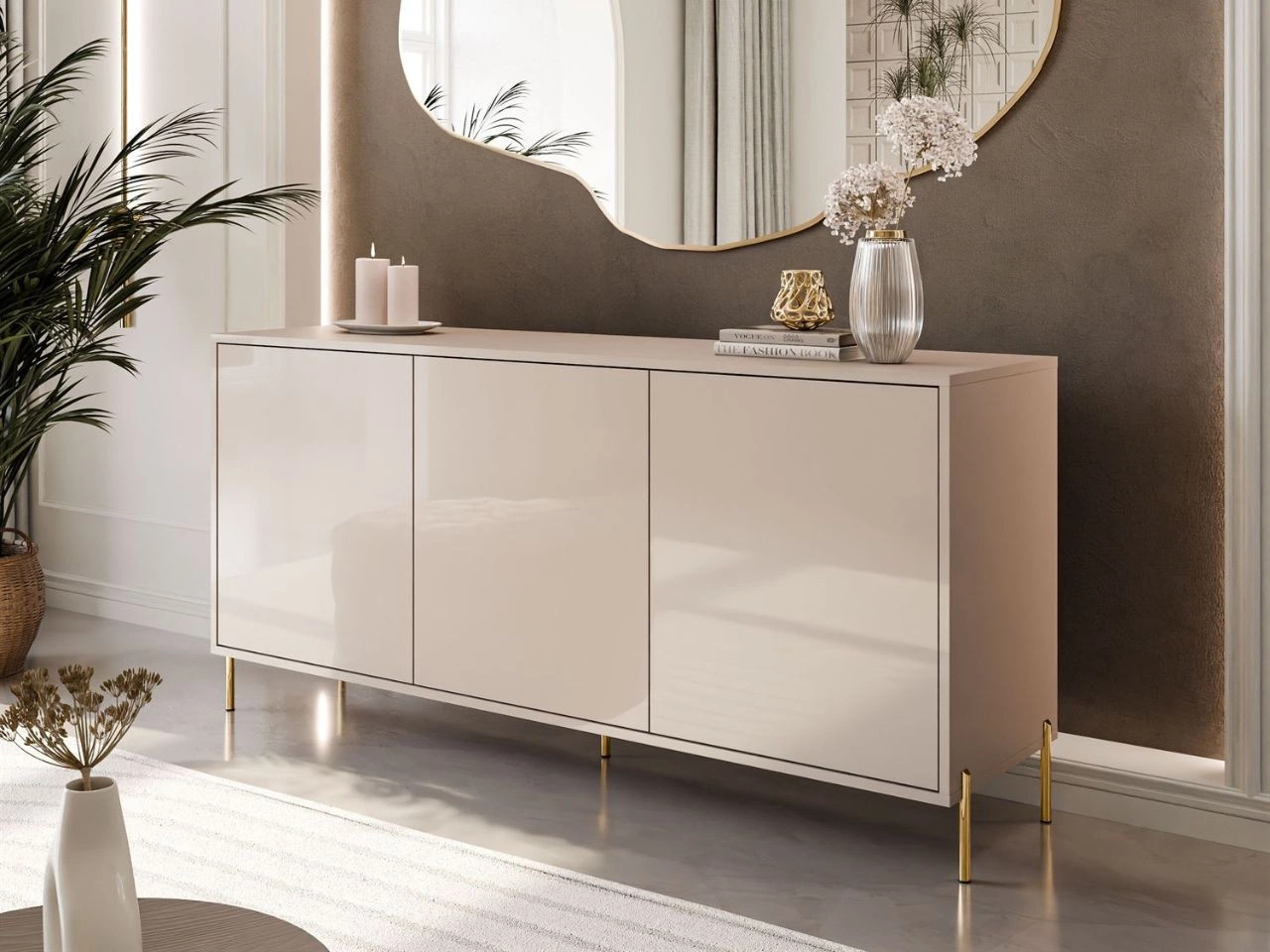 Trzydrzwiowa komoda 154 cm na złotych nogach Vivance kaszmir połysk