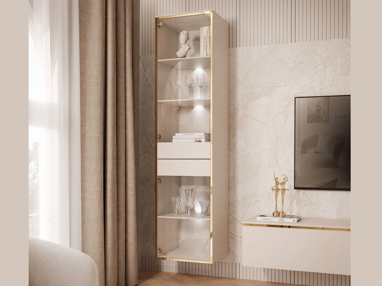 Witryna wisząca szklana w stylu glamour z oświetleniem LED Evare kaszmir