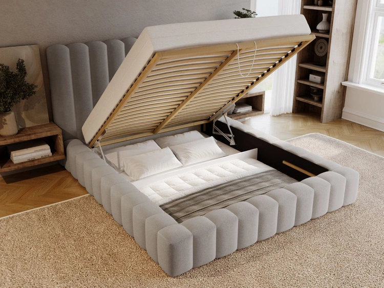 Łóżko tapicerowane z pojemnikiem i stelażem 160x200 cm Rotto Jasnoszare