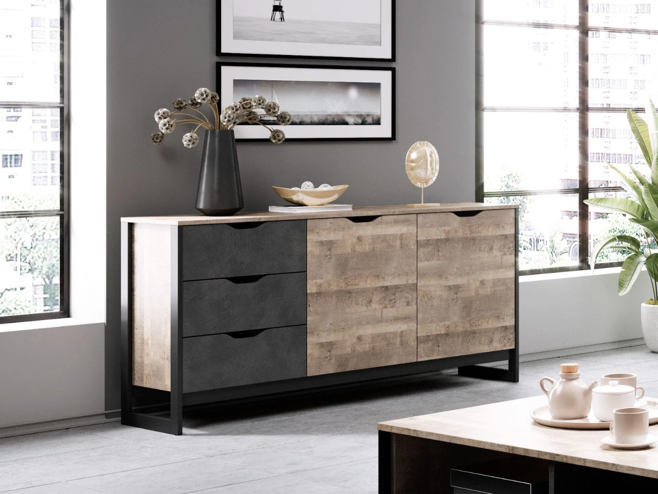 Komoda z drzwiami i szufladami 160 cm Denis Dąb Sand Grande, Matera