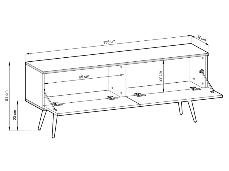 Szafka pod telewizor z drzwiczkami 135 cm z gładkim frontem Diolo Biała na złotych nogach