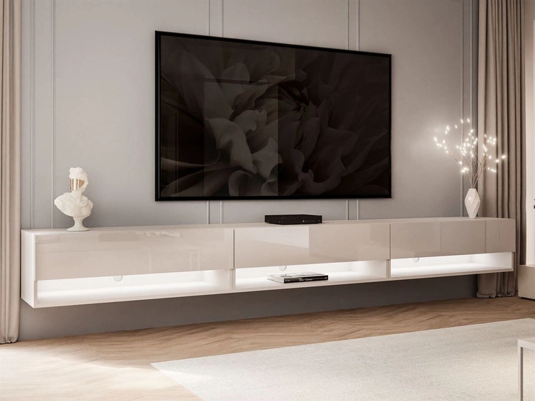 Szafka RTV wisząca 270 cm do salonu z oświetleniem LED Aurelie Kaszmir połysk