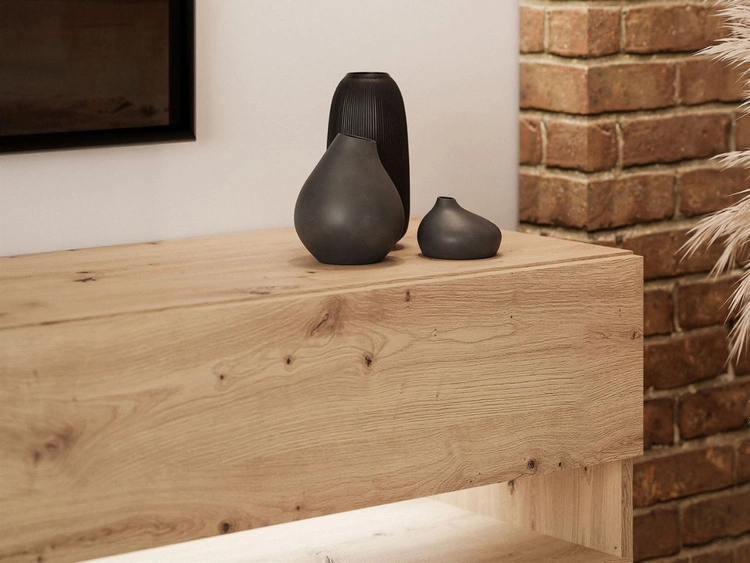 Szafka RTV wisząca 270 cm do salonu z oświetleniem LED Aurelie Dąb Artisan