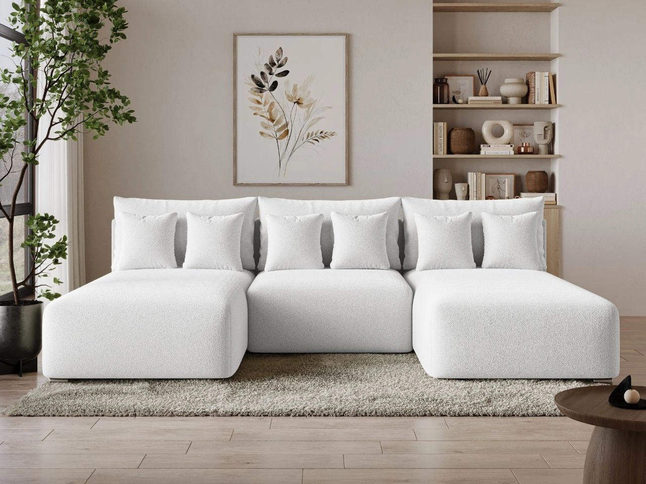 Narożnik U z funkcją spania i pojemnikiem Ronni Biały