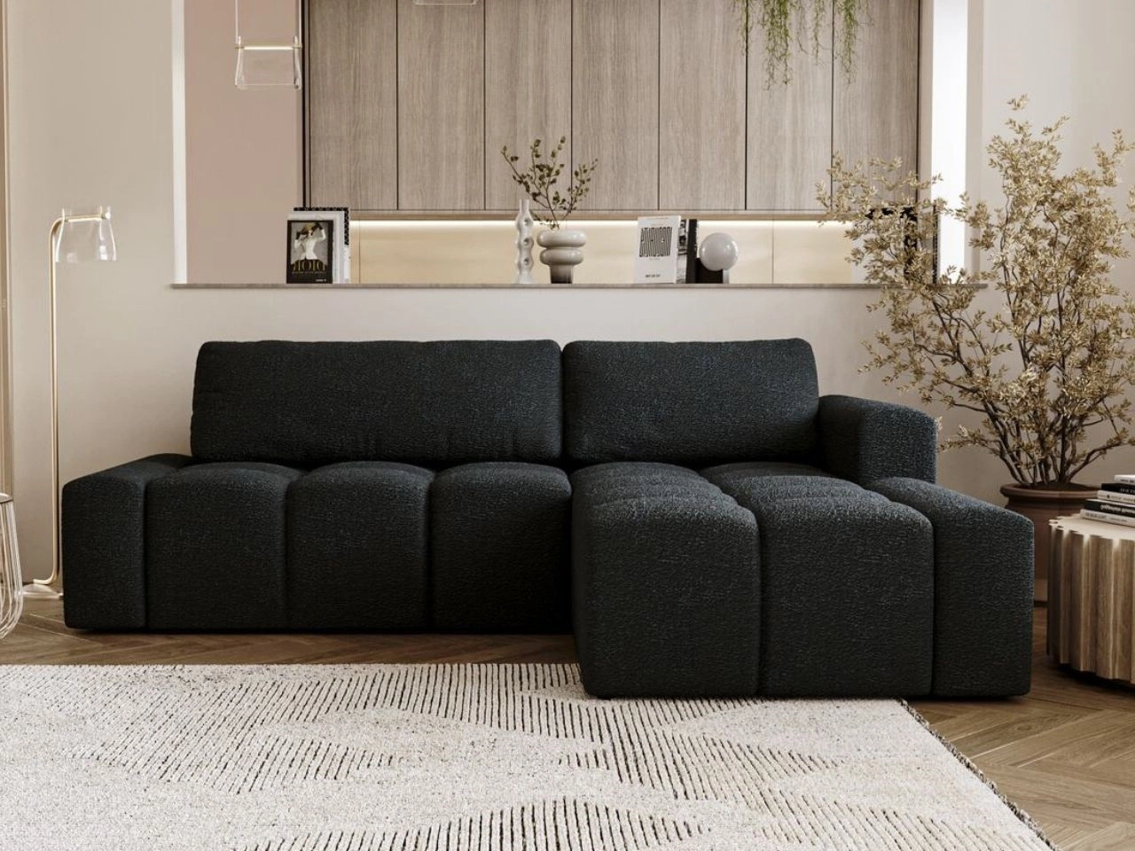 Narożnik L prawy z funkcją spania i pojemnikiem Lana Czarny