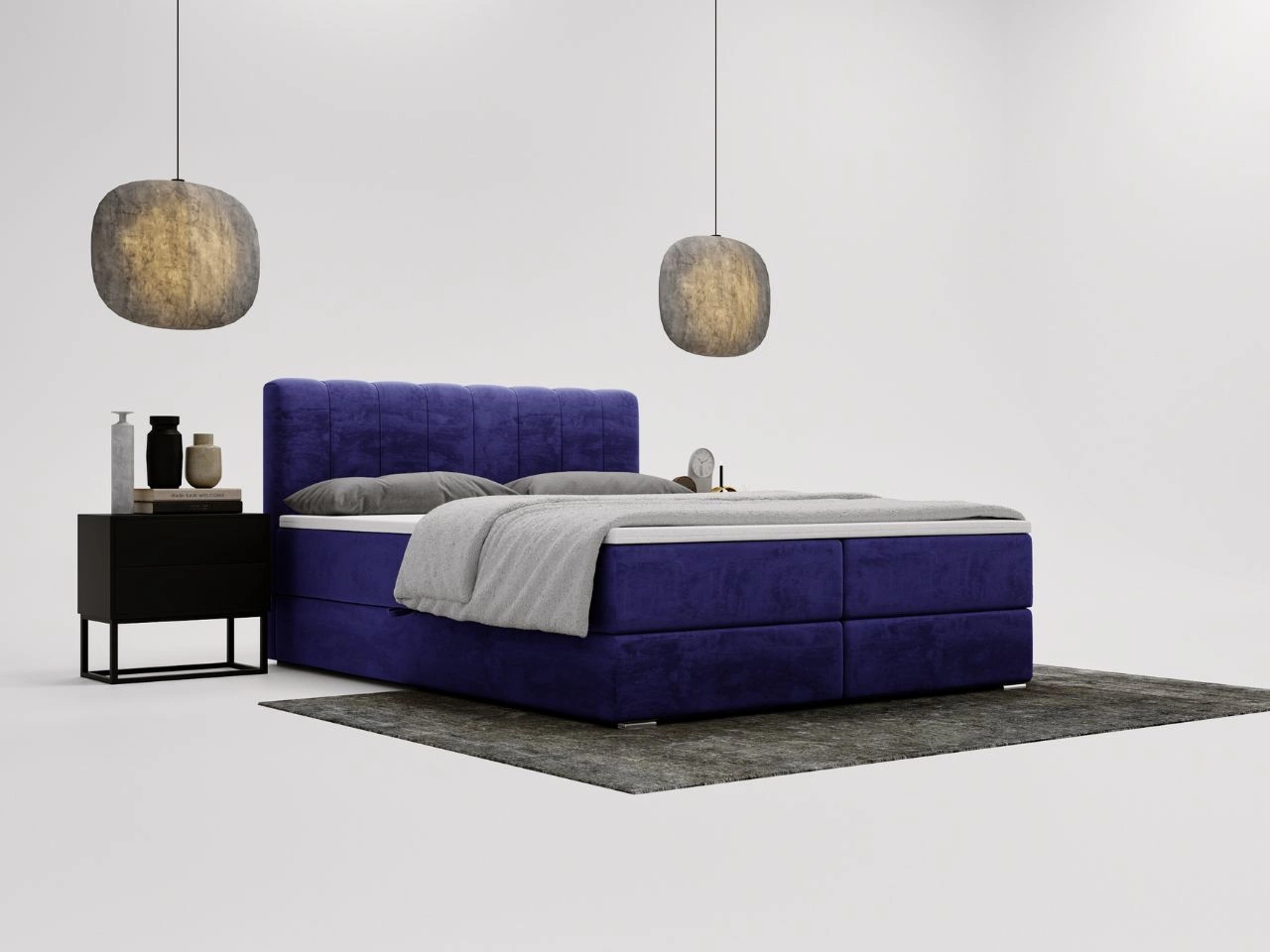 Łóżko kontynentalne z pojemnikami na pościel 160x200 Forte Ciemnoniebieskie