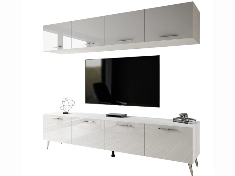 Meblościanka do salonu z oświeleniem LED na srebrnych nogach Noaé Biały połysk