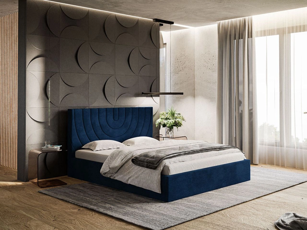 Łóżko tapicerowane z pojemnikiem i stelażem 120x200 Corti Ciemny niebieski