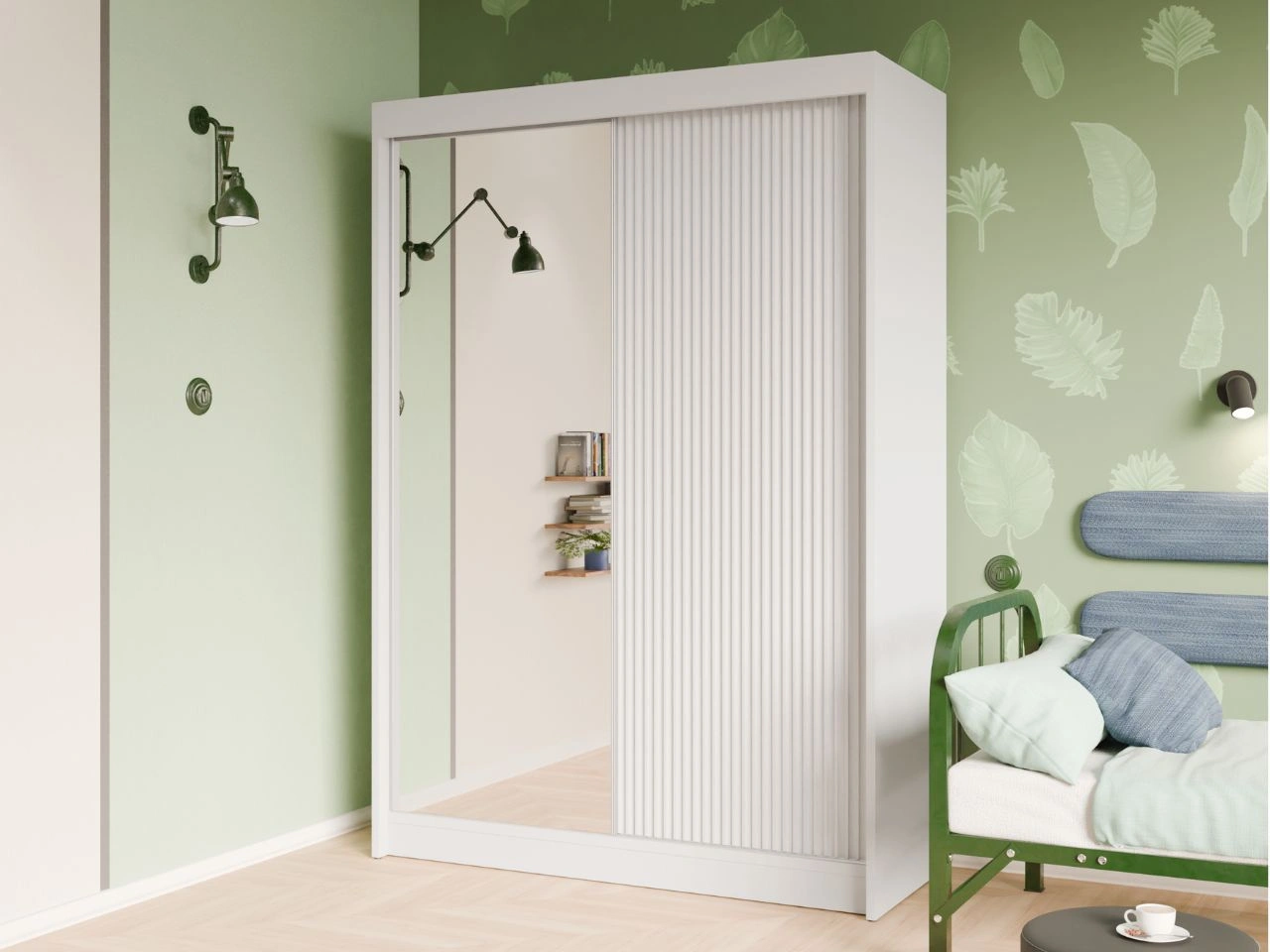 Szafa przesuwna z ryflowanym frontem i lustrem 150 cm Fano Biała