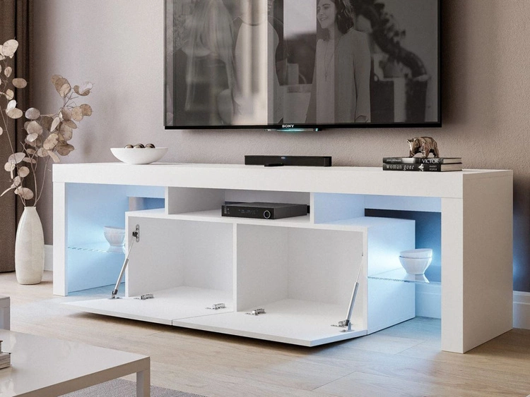 Wisząca szafka RTV pod telewizor z drzwiczkami z nadstawką Nodoo Biały połysk