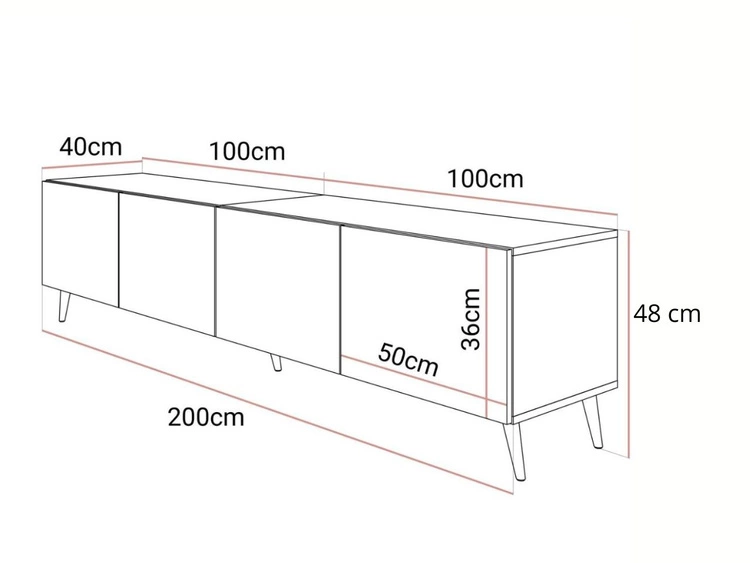 Szafka RTV pod telewizor z drzwiczkami i oświetleniem LED na czarno-złotych nóżkach 200 cm Noaé Czarny Połysk