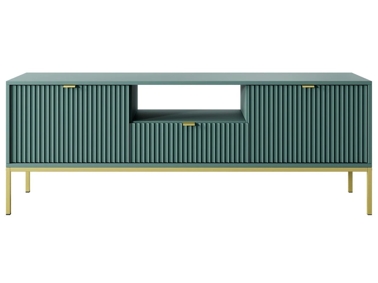 Szafka pod telewizor z szufladami i drzwiczkami Amber zielona na złotych nogach