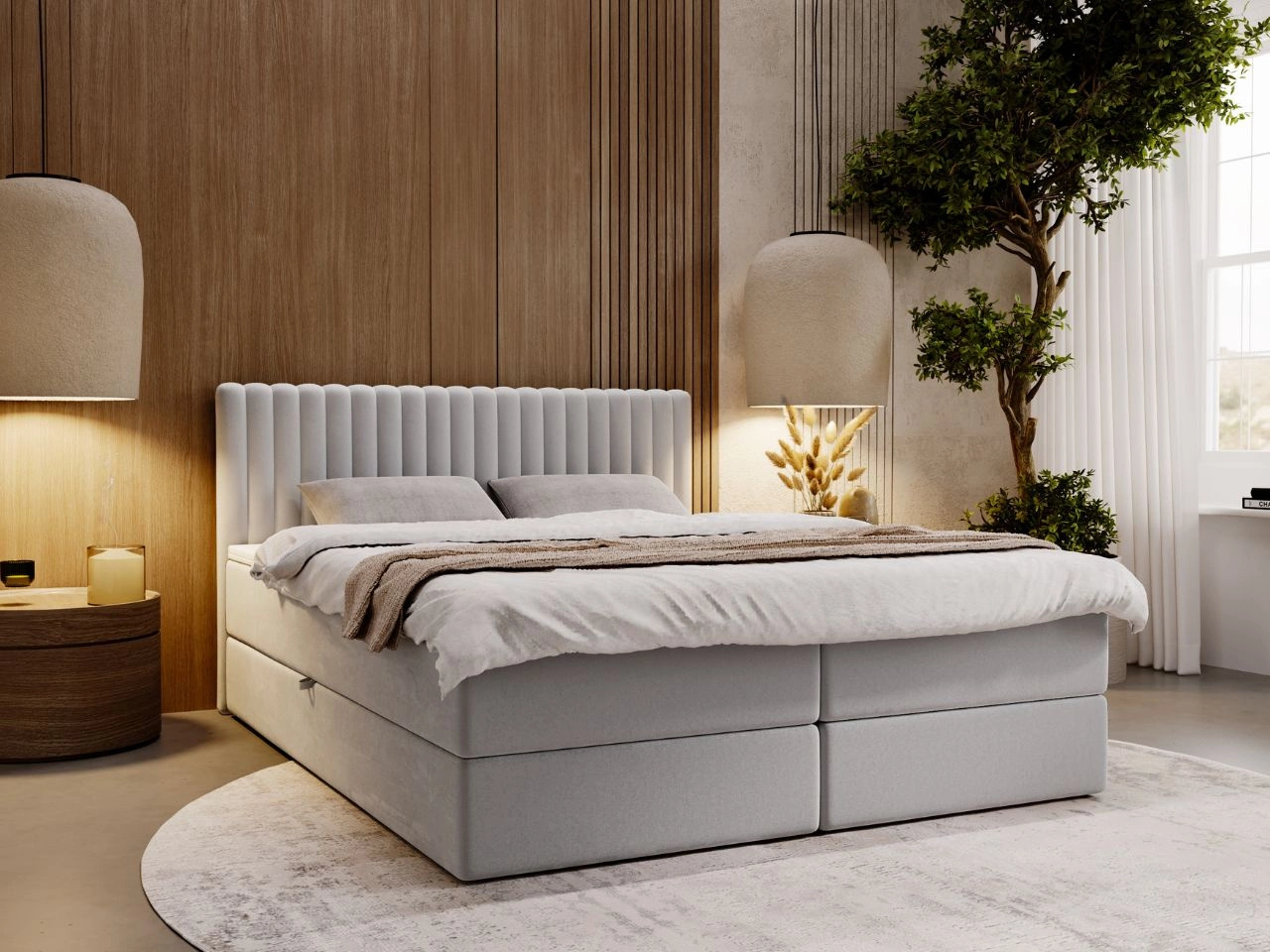 Łóżko kontynentalne z pojemnikiem na pościel 160x200 Marbella Jasny szary
