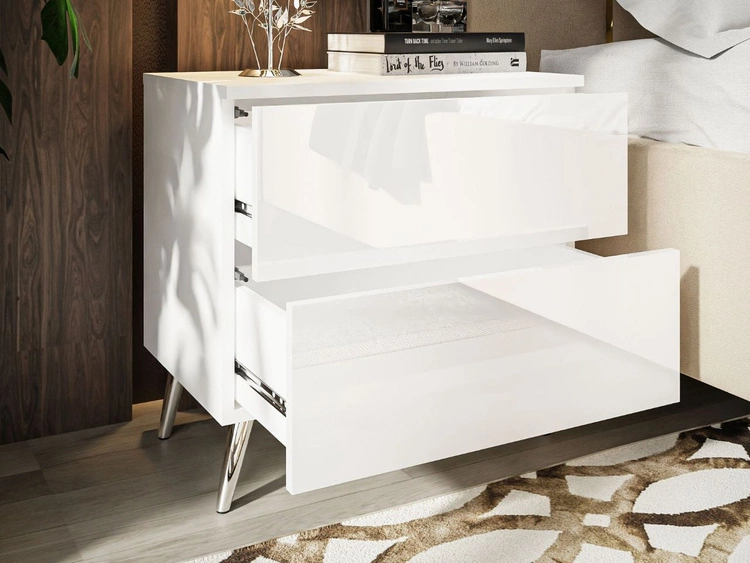 Stolik nocny z szufladami na srebrnych nogach Nuveo Biały połysk