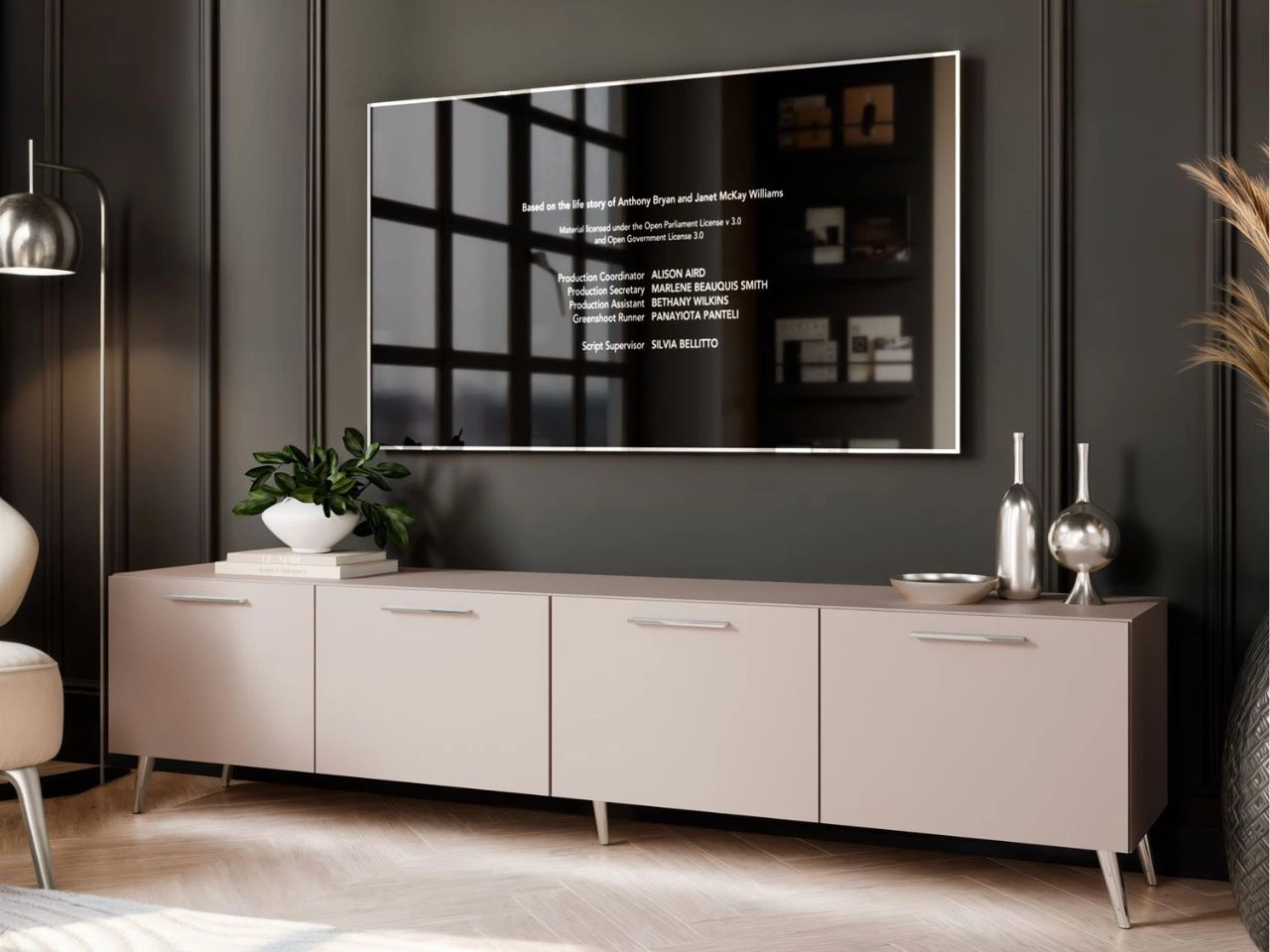 Szafka RTV pod telewizor z drzwiczkami i oświetleniem LED na srebrnych nóżkach 200 cm Noaé Kaszmir