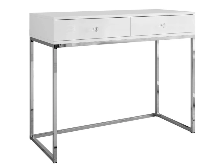 Konsola z szufladami, srebrnym stelażem i kryształowymi uchwytami Brisa biały połysk