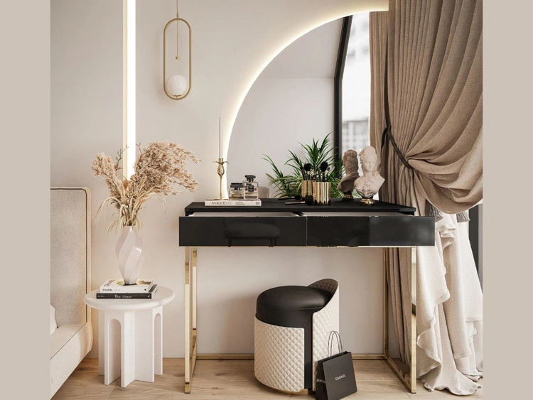 Toaletka kosmetyczna lewostronna z szufladami i oświetleniem LED na złotych nogach Clarette Czarny połysk