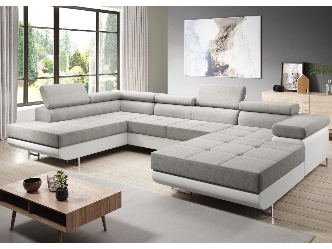 Narożnik U lewy z funkcją spania i pojemnikiem Solam U Szary, Biały