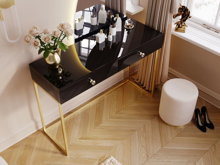 Toaletka z szufladami Belleza Czarny połysk Złoty stelaż