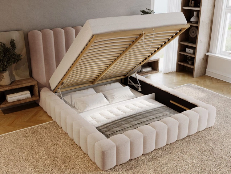 Łóżko tapicerowane z pojemnikiem i stelażem 120x200 cm Rotto Beżowe