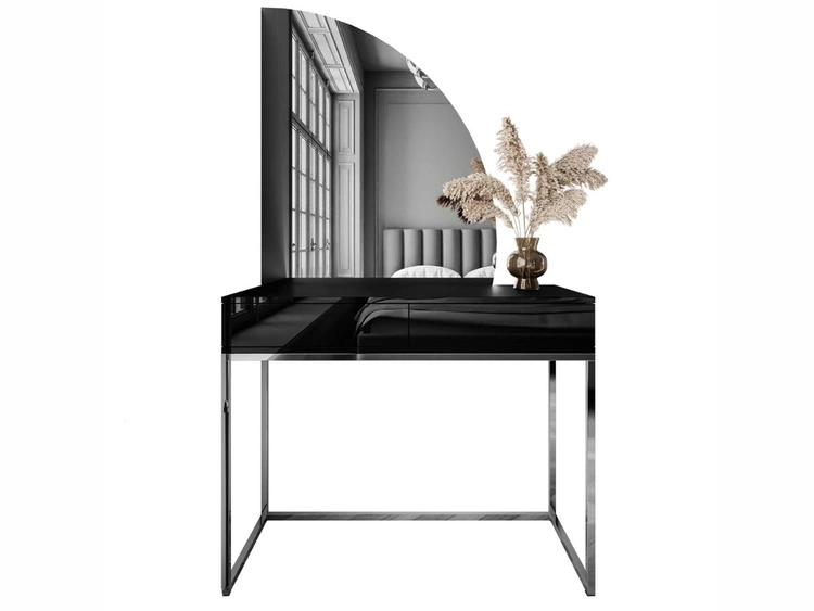 Toaletka kosmetyczna prawostronna z szufladami i oświetleniem LED na srebrnych nogach Clarette Czarny połysk
