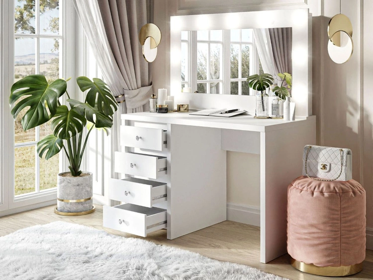 Toaletka kosmetyczna z szufladami, kryształowymi uchwytami i oświetleniem LED Nesso biały mat