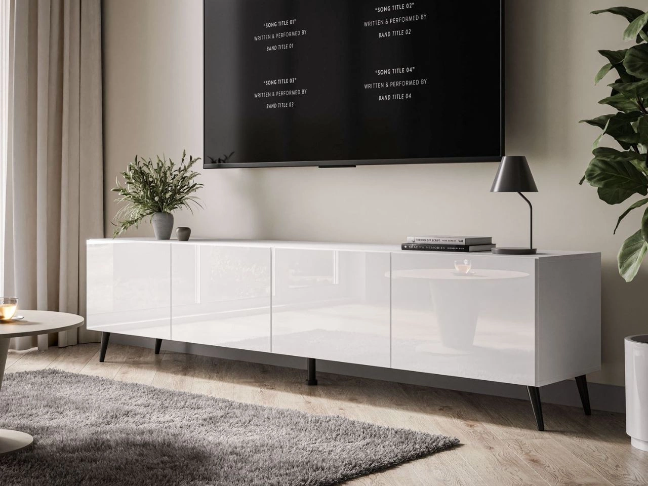 Szafka RTV pod telewizor z drzwiczkami na czarnych nóżkach 200 cm Nodoo Biały połysk