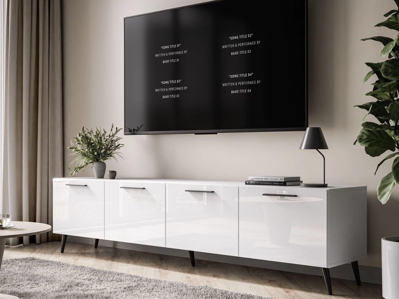 Szafka RTV pod telewizor z drzwiczkami na czarnych nóżkach 200 cm Noaé Biały Połysk
