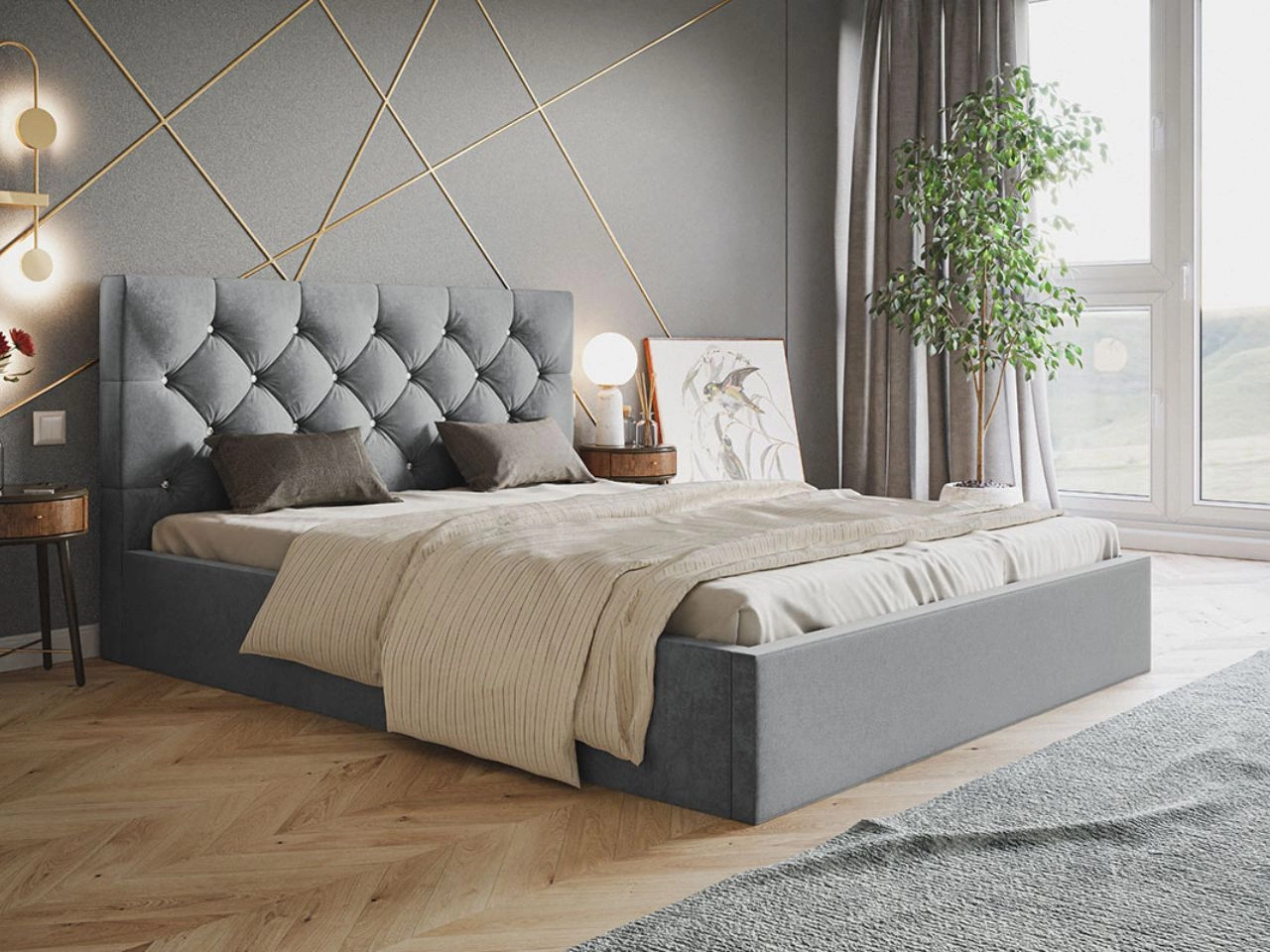 Łóżko tapicerowane z pojemnikiem i stelażem 140x200 Selva Jasny szary