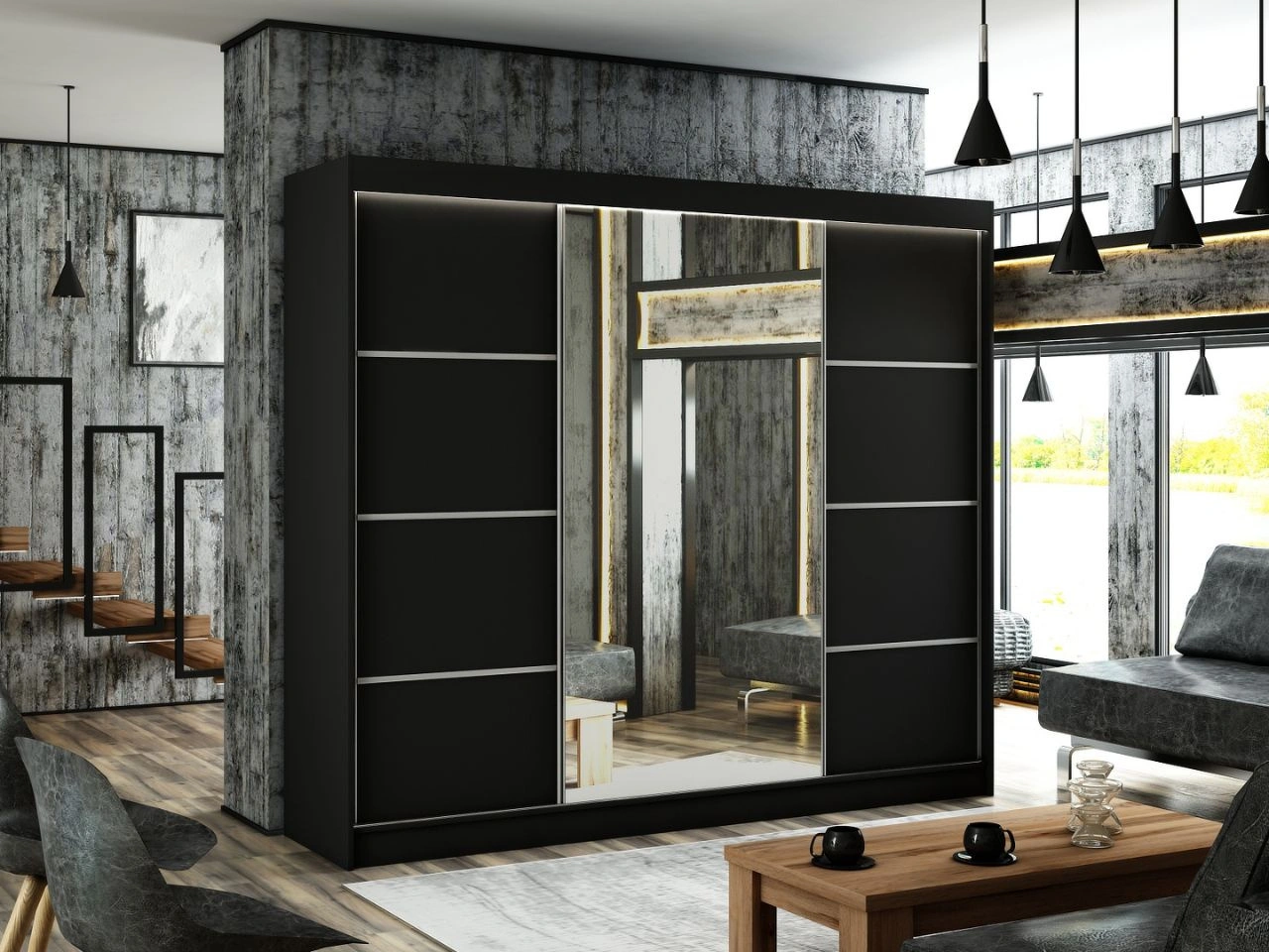 Szafa przesuwna z lustrem 250 cm z oświetleniem LED Portel Czarna