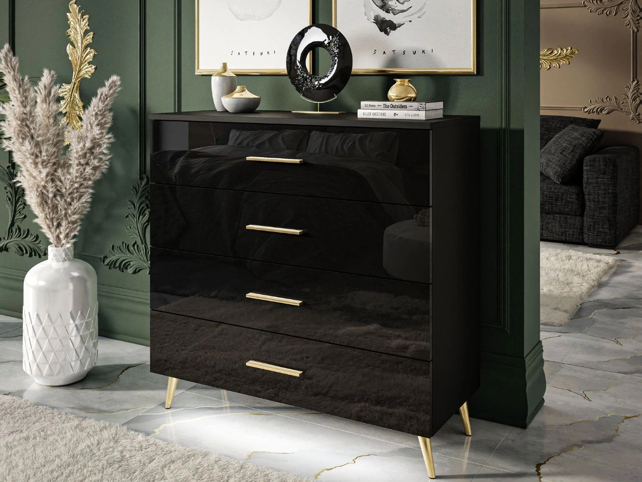 Komoda z czterema szufladami i oświetleniem LED na złotych nóżkach Nuveo Czarny połysk