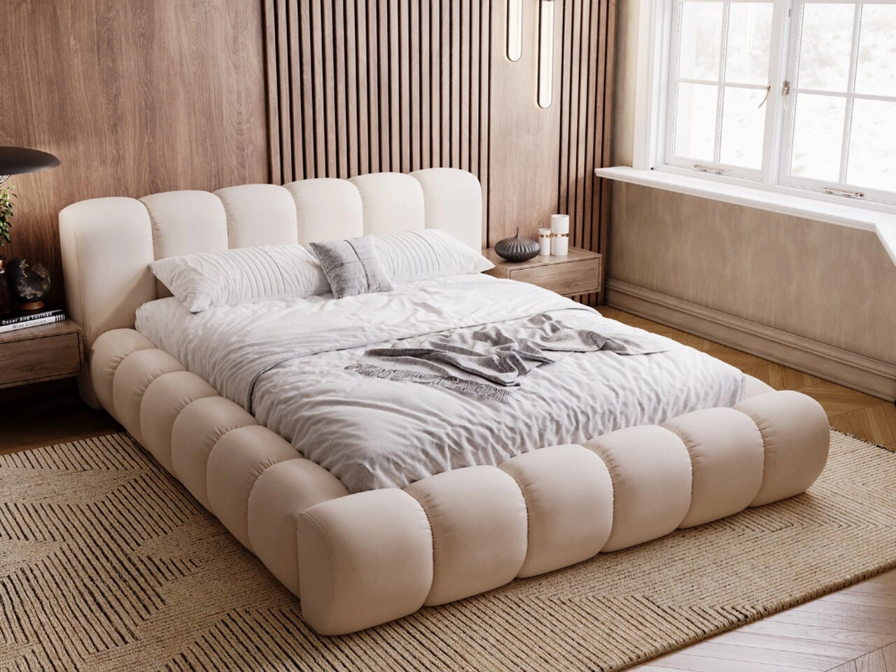 Łóżko tapicerowane z pojemnikiem na pościel 140x200 Doria Beżowe