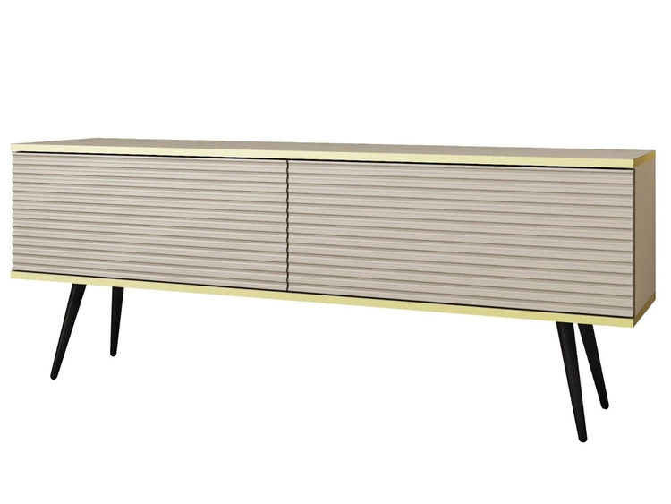 Szafka pod telewizor z drzwiczkami 135 cm z ryflowanym frontem Diolo Beżowa na czarnych nogach