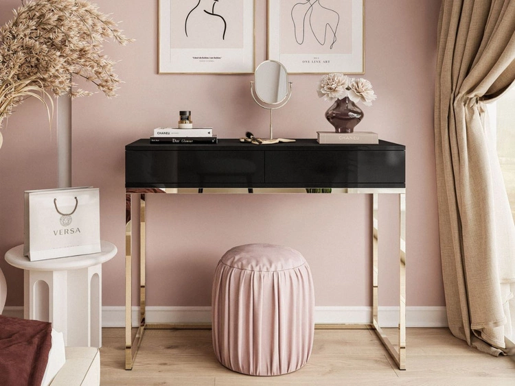 Konsola z szufladami i złotym stelażem w stylu glamour Brisa czarny połysk