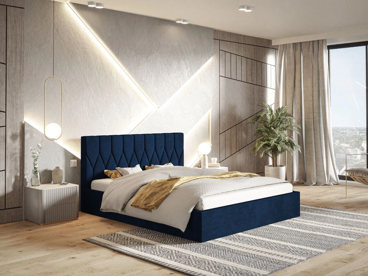 Łóżko tapicerowane z pojemnikiem i stelażem 140x200 Gaja Ciemnoniebieskie
