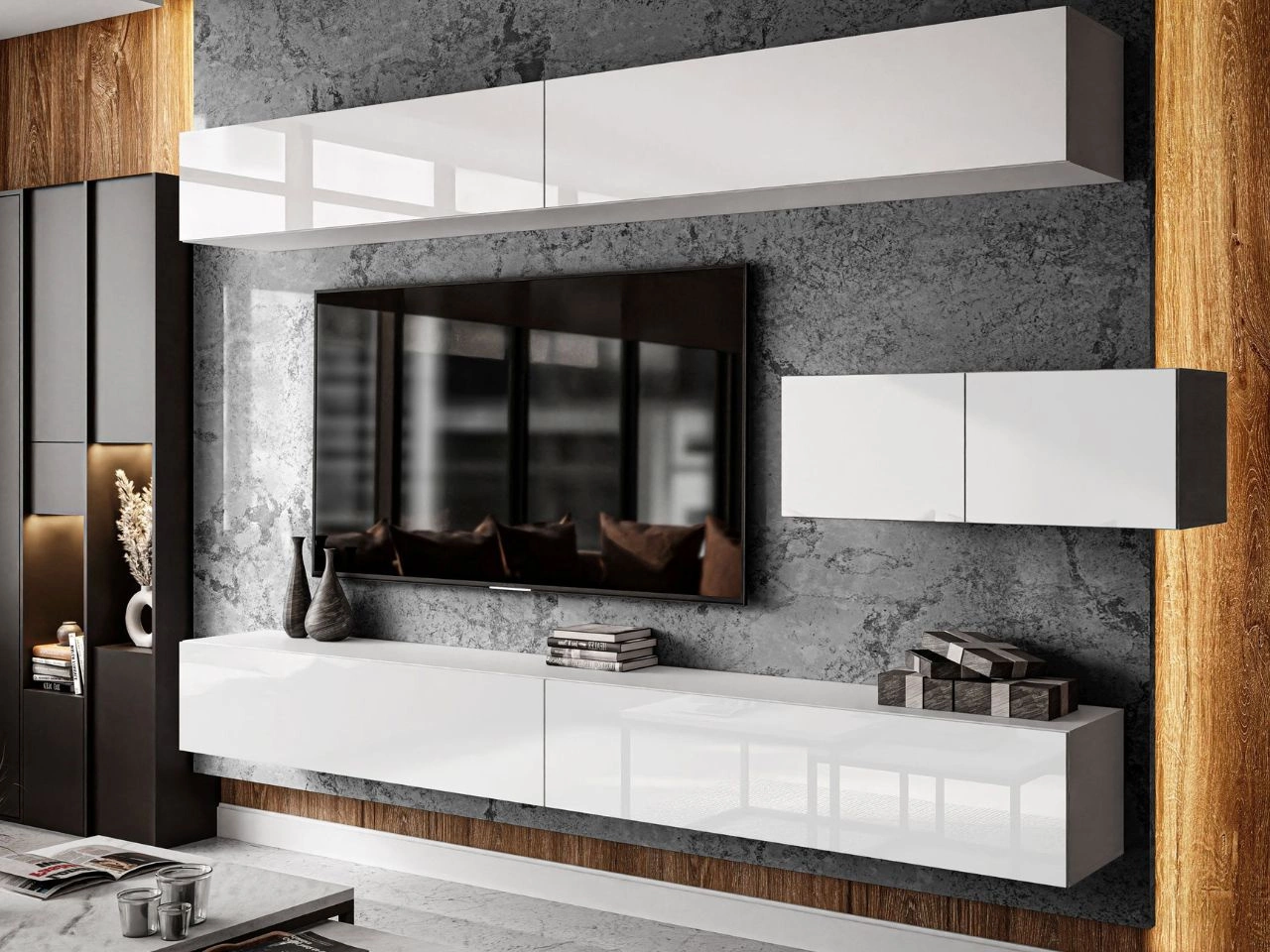 Wisząca meblościanka do salonu Nodoo Biały połysk