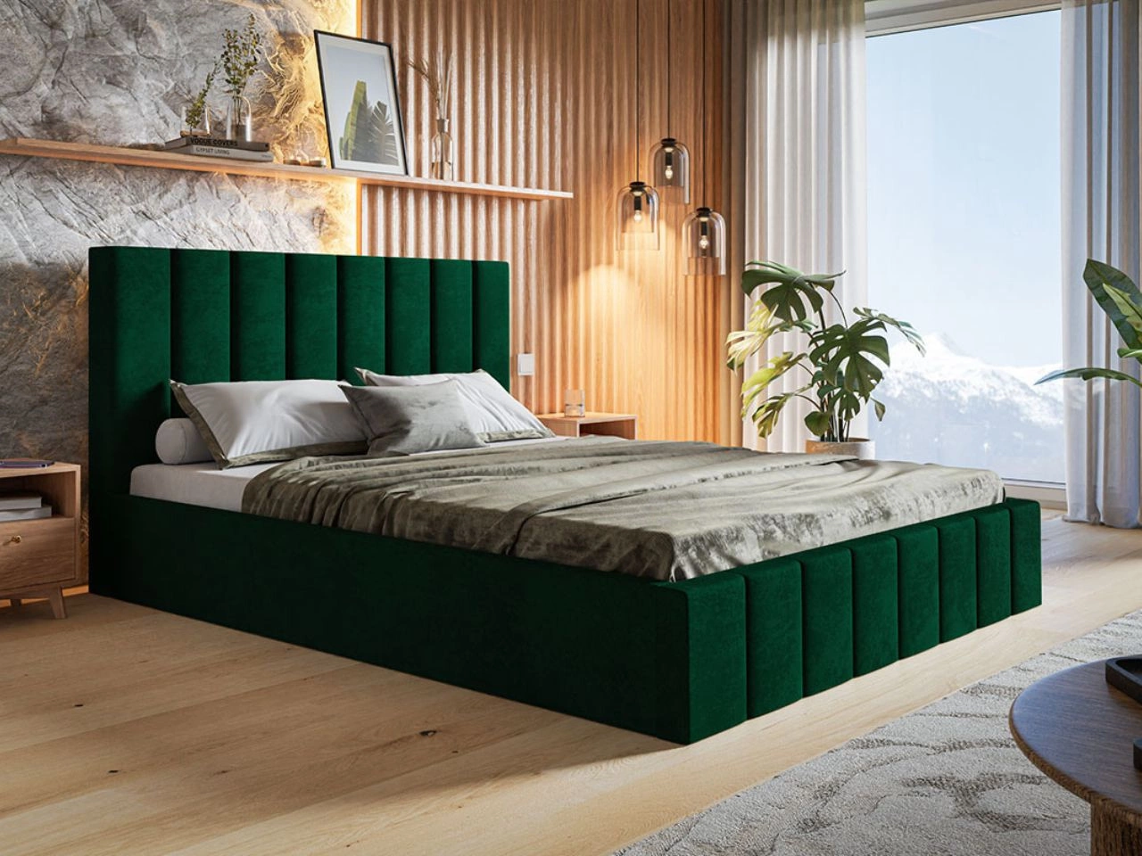 Łóżko tapicerowane z pojemnikiem i stelażem Siena 120x200 zielony
