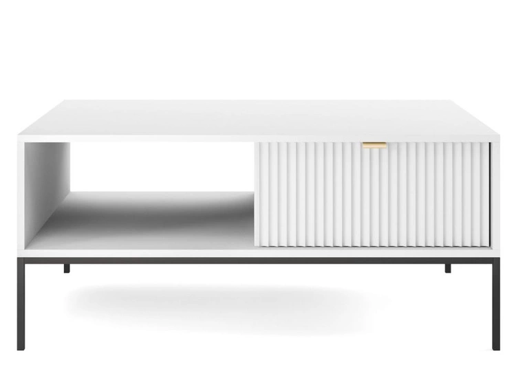 Stolik kawowy z szufladą Amber biały na czarnych nogach