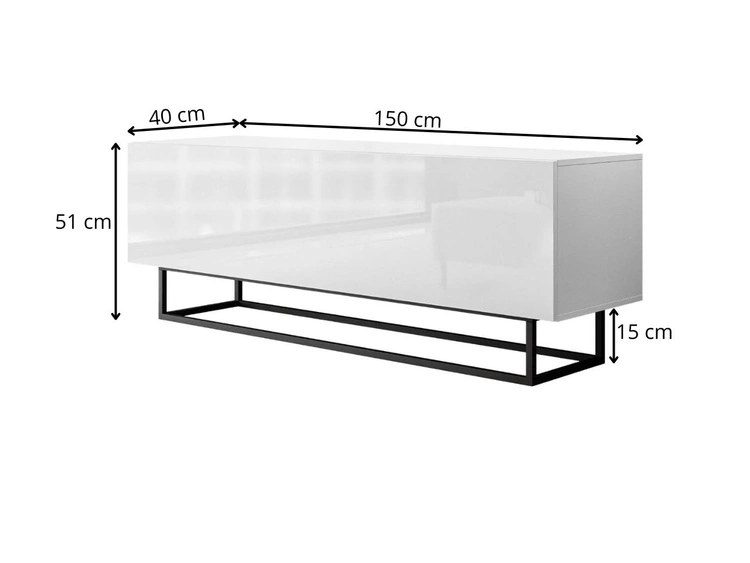 Szafka RTV pod telewizor z drzwiczkami na czarnym stelażu 150 cm Nodoo Biały połysk