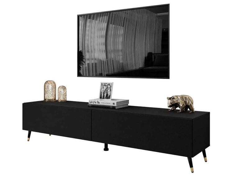Szafka RTV dwudrzwiowa na czarno-złotych nóżkach 175 cm z oświetleniem LED Sorelle Czarny mat