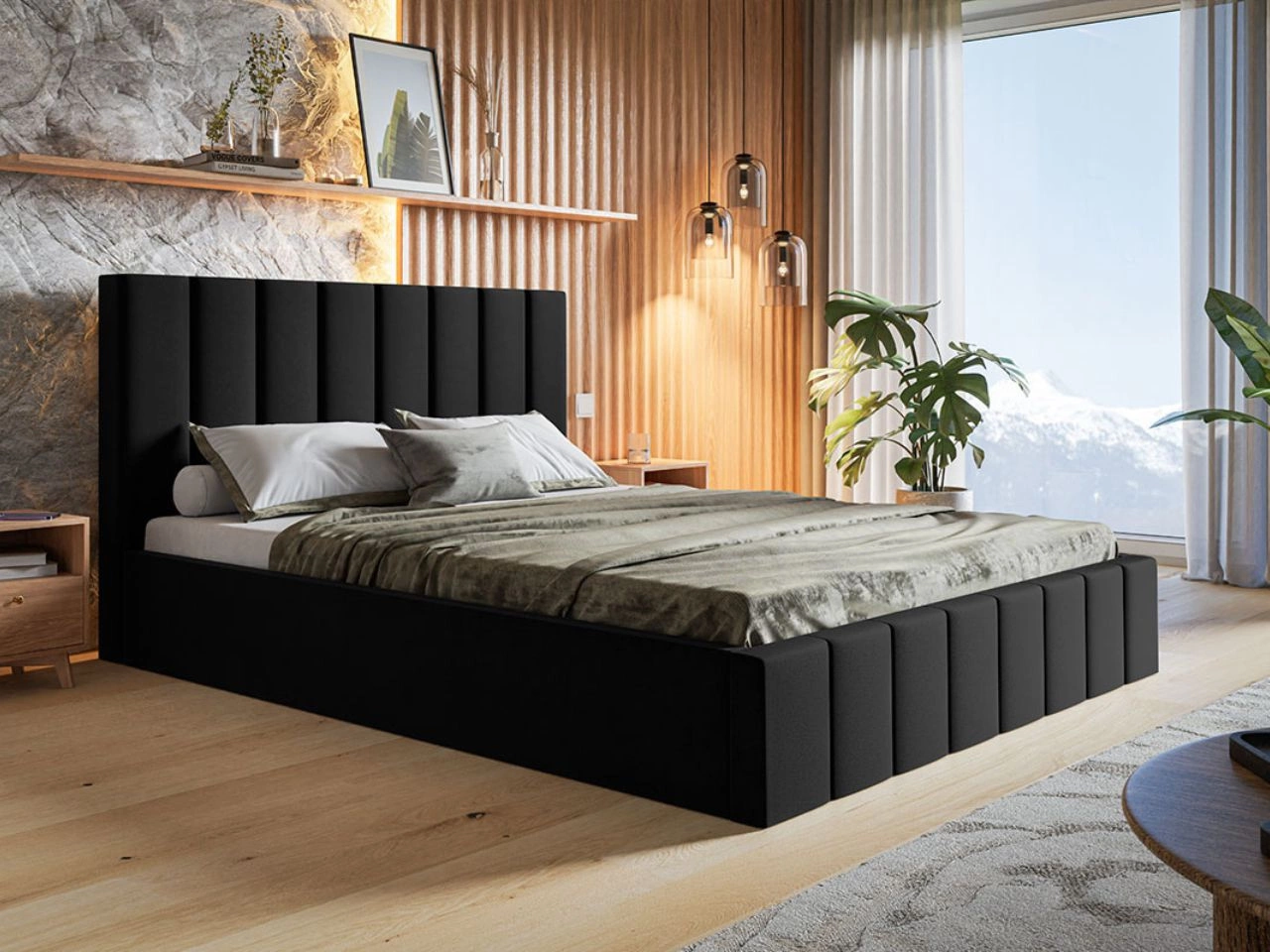 Łóżko tapicerowane z pojemnikiem i stelażem Siena 120x200 czarny