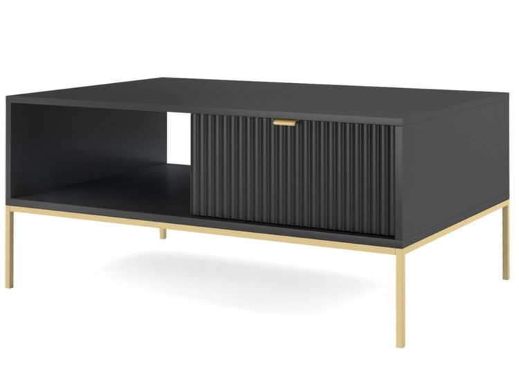Stolik kawowy z szufladą Amber czarny na złotych nogach