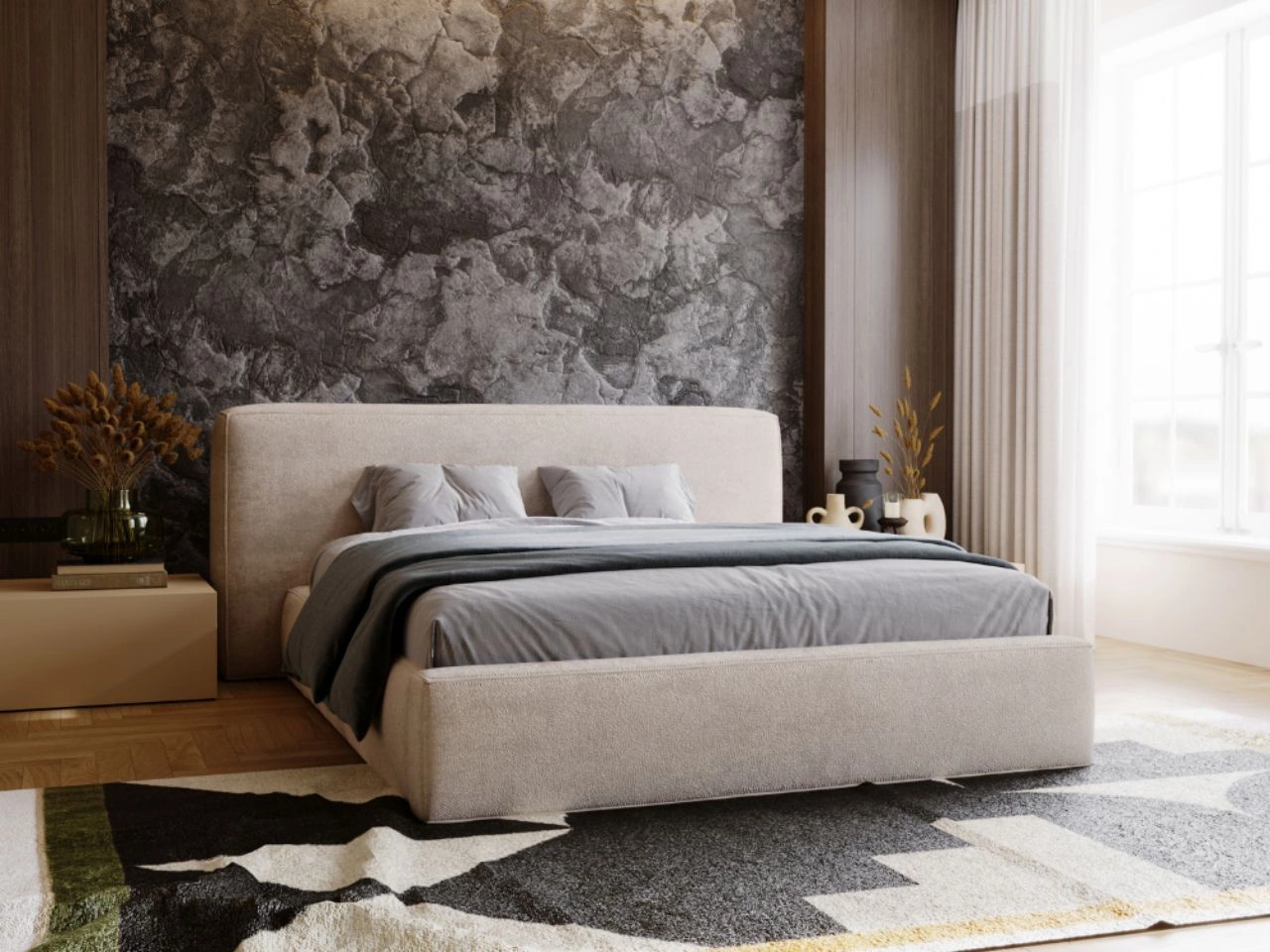 Łóżko tapicerowane z pojemnikiem i stelażem 160x200 cm Monza Beżowe