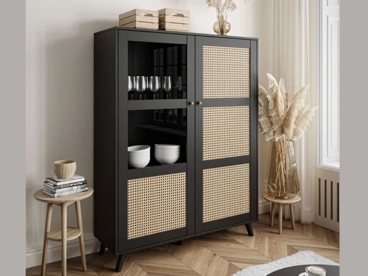 Witryna stojąca przeszklona w stylu boho Bellance czarna
