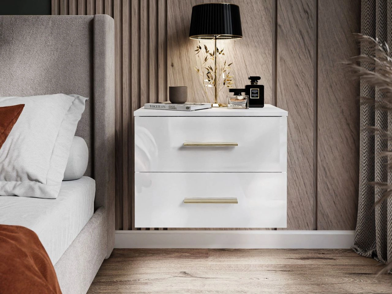 Podwieszany stolik nocny z dwoma szufladami Nuveo Biały połysk