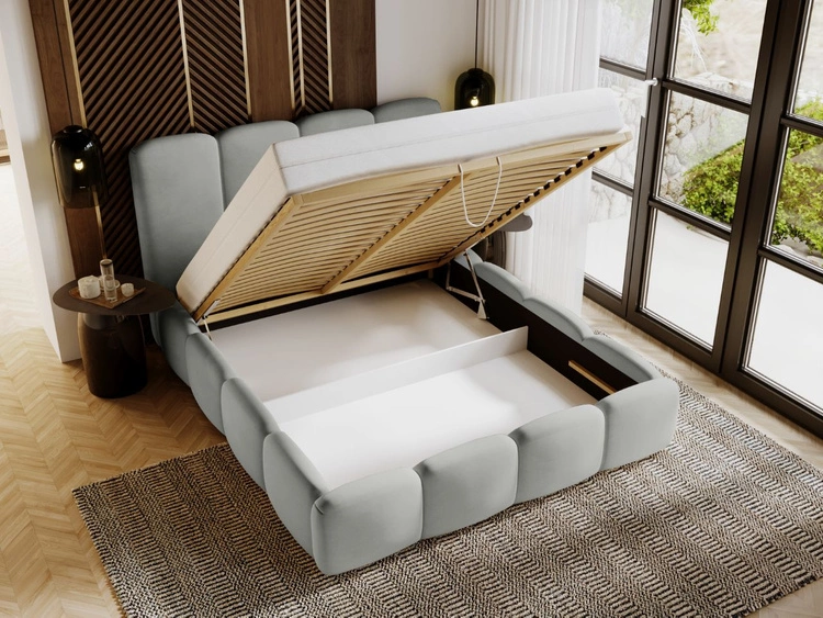 Łóżko tapicerowane z pojemnikiem i stelażem 180x200 Galli Jasnoszare