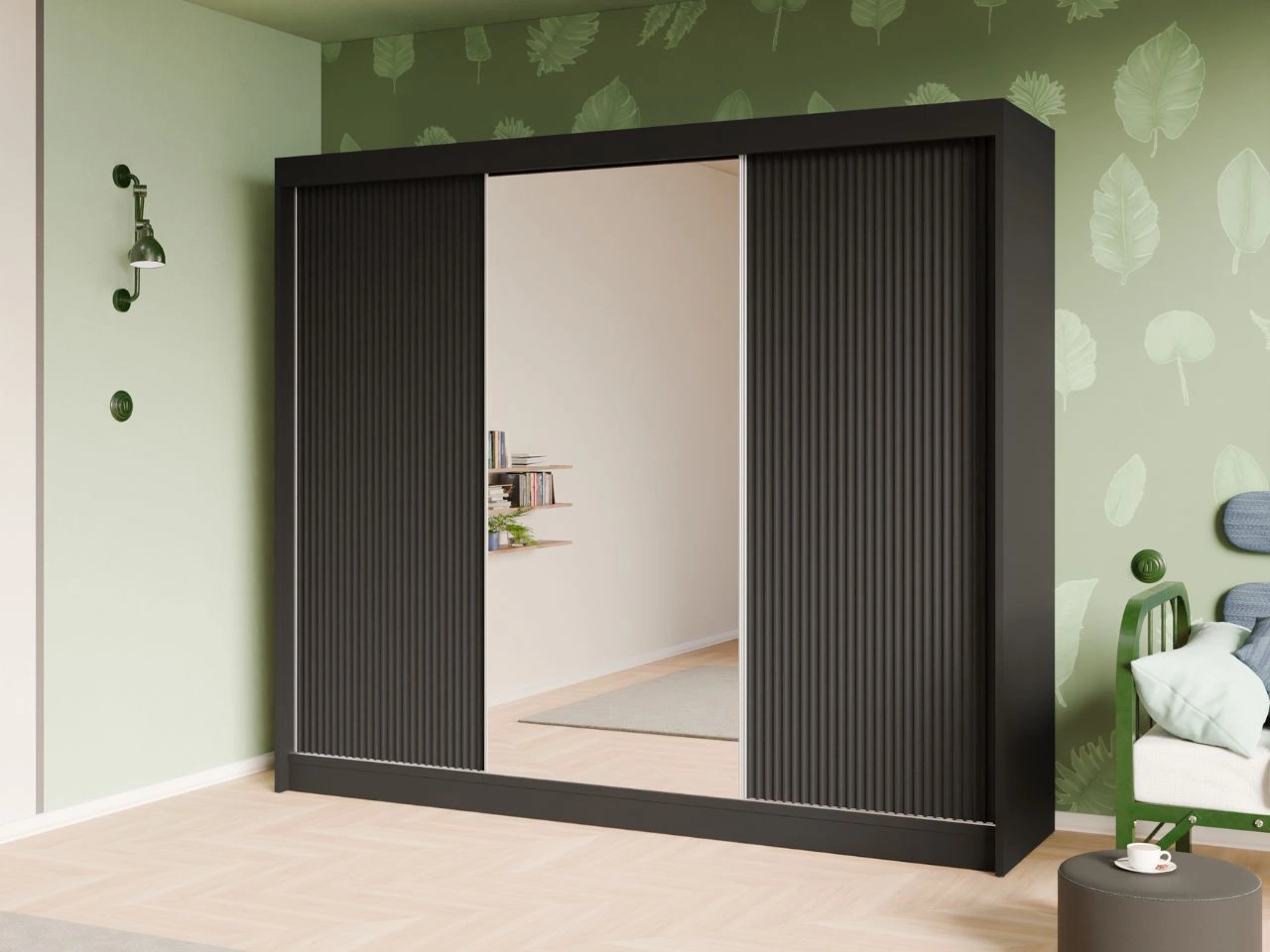 Szafa przesuwna z ryflowanym frontem i lustrem 250 cm Fano Czarna