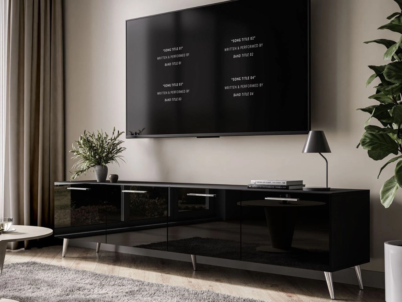 Szafka RTV pod telewizor z drzwiczkami na srebrnych nóżkach 200 cm Noaé Czarny Połysk