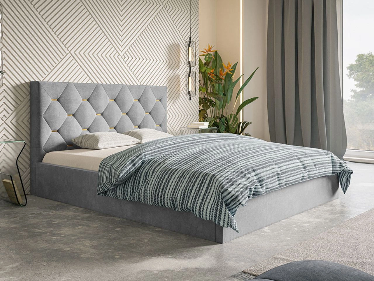 Łóżko tapicerowane z pojemnikiem i stelażem 140x200 Salento jasnoszare