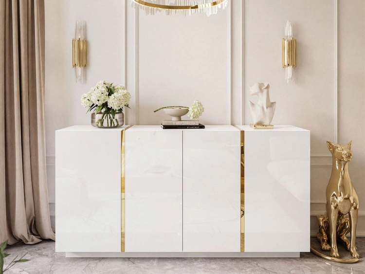 Czterodrzwiowa komoda 158 cm w stylu glamour Lunelie biały połysk